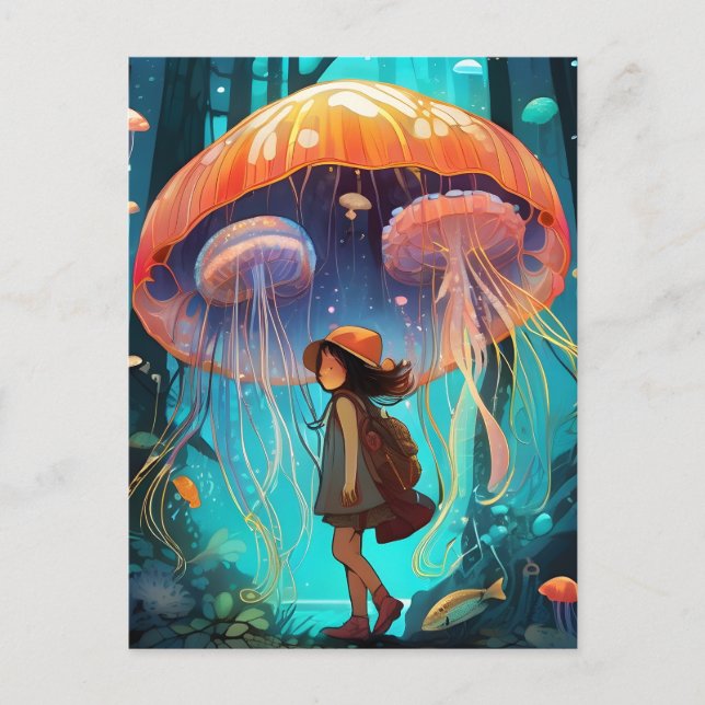 Fantasy Jellyfish Girl Walking Under The Ocean Postcard (Front)