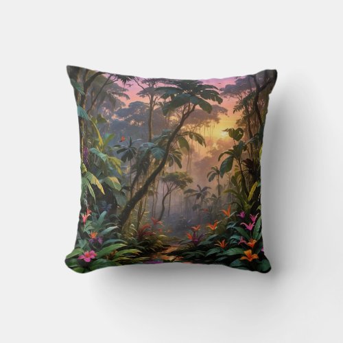 Fantasy Jungle Sunset Throw Pillow