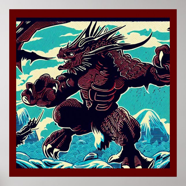 Fantasy Kaiju Anime - Woodcut 3 Poster (Front)