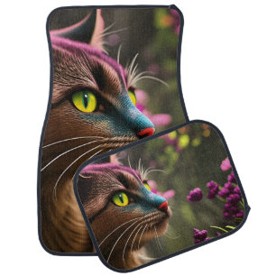 Fantasy Kitty Cat Close up in Burgundy Flowers Car Floor Mat