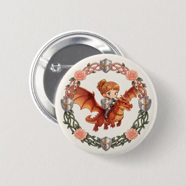 Fantasy Knight Princess and Dragon Aesthetic Art Button (Front & Back)