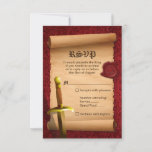 Fantasy Knight Sword Medieval Times Bar Mitzvah RSVP Card<br><div class="desc">Fantasy knight's sword Jewish Bar Mitzvah rsvp card. This medieval times fantasy sword and sorcery Bar Mitzvah reply card features a red velvet look background, a simulated parchment scroll, a knight's, king's, or prince's sword, and a wax seal with a subtle Jewish Star of David. All the wording can be...</div>