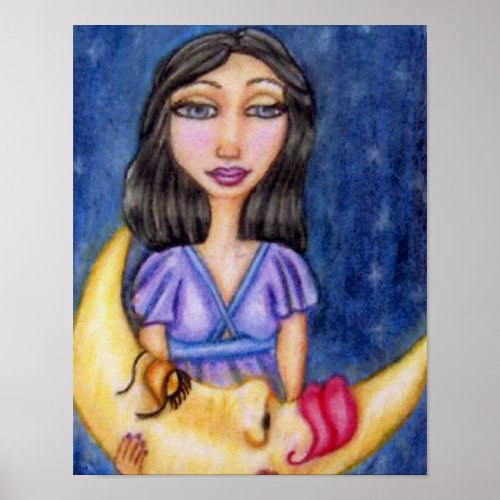 Fantasy Lady Holding Sleeping Crescent Moon Poster