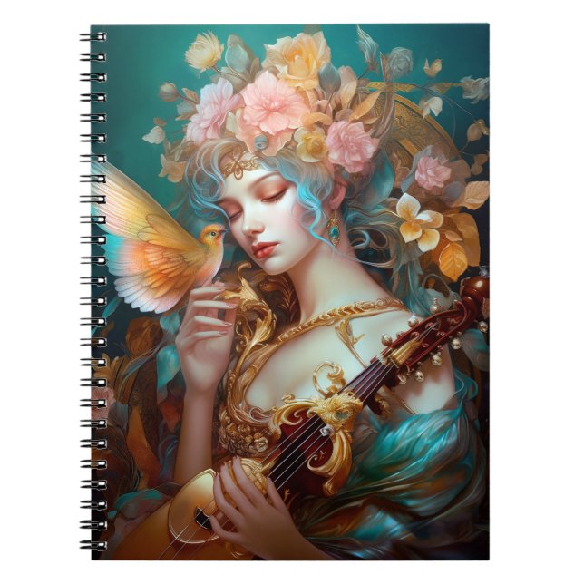 Fantasy Lady With Lute & Butterfly Bird Notebook (Front)