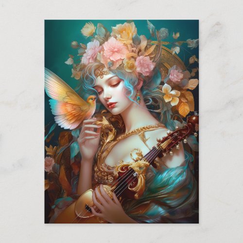 Fantasy Lady With Lute  Butterfly Bird Postcard