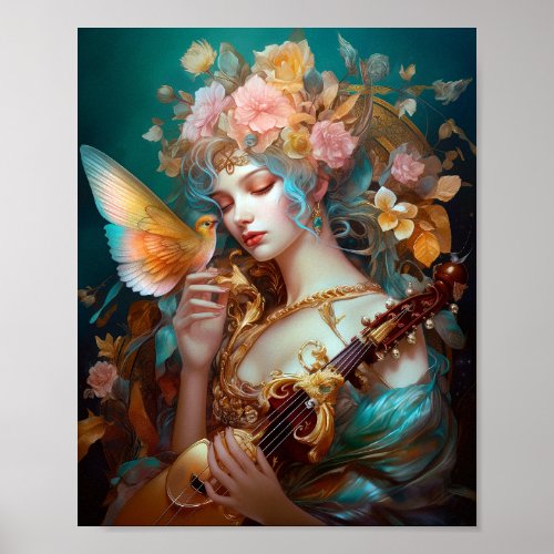 Fantasy Lady With Lute  Butterfly Bird Poster