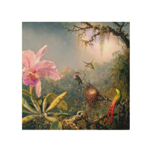 Fantasy Landscape: Cattleya Orchid & Hummingbirds Wood Wall Art