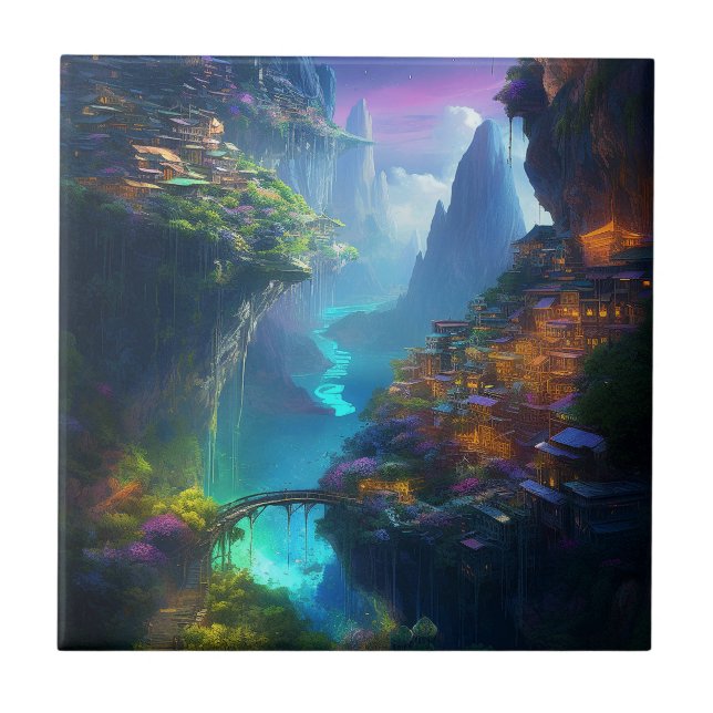 Fantasy Landscape Colorful Surreal  Ceramic Tile (Front)