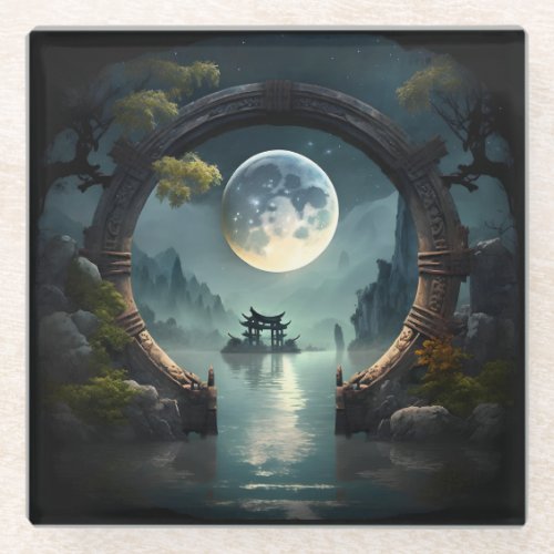 Fantasy Landscape Moon Round Arch Glass Coaster