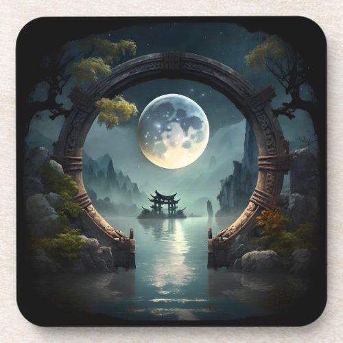 Fantasy Landscape Moon Round Arch Plastic Coaster