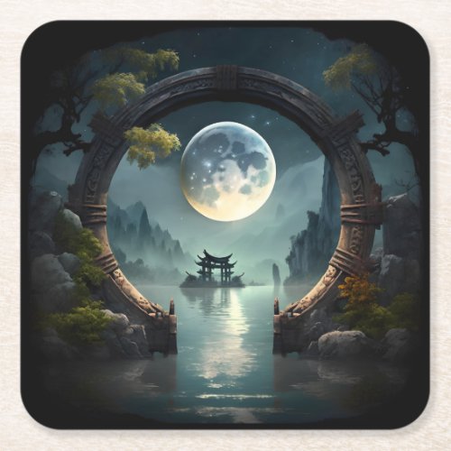 Fantasy Landscape Moon Round Arch Square Coaster