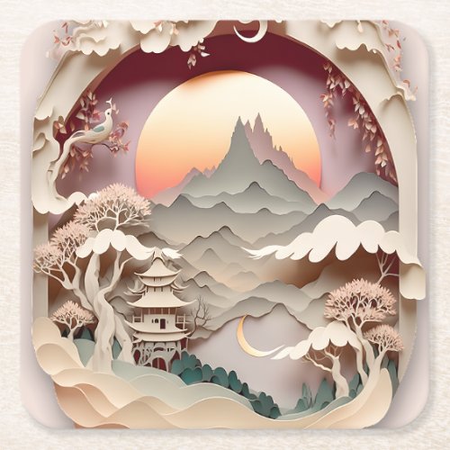 Fantasy Landscape Paper Cut Square Paper Coaster