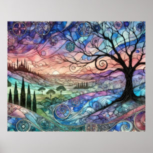 Fantasy Landscape with Tree and Colorful Sunset Poster