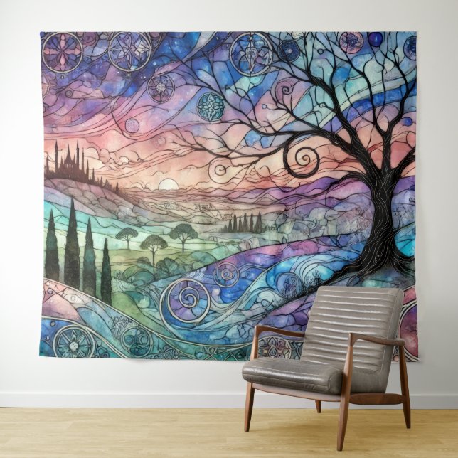 Fantasy Landscape with Tree and Colorful Sunset Tapestry (In Situ (Horizontal))