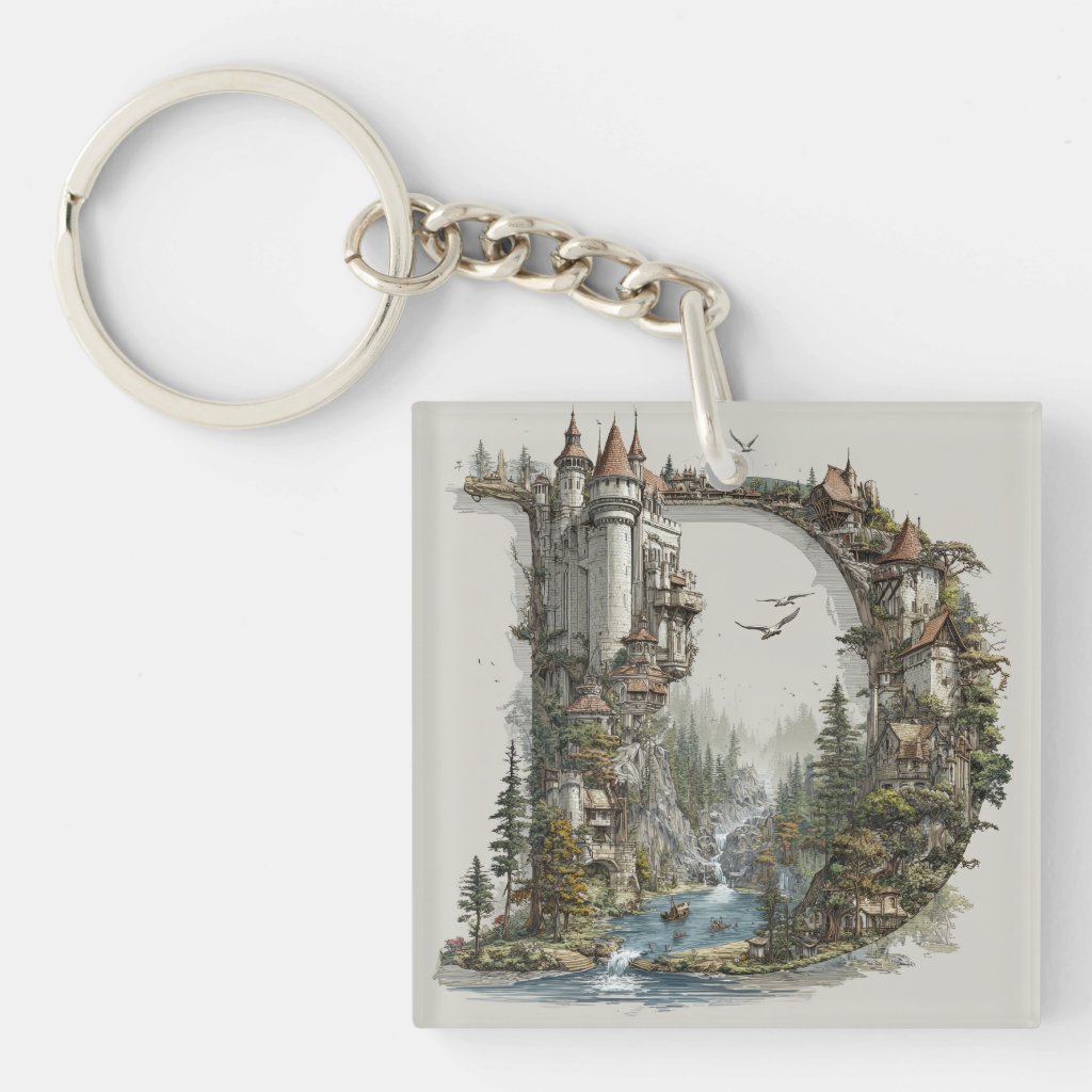 Fantasy Letter D with Castles in the Sky Storybook Keychain