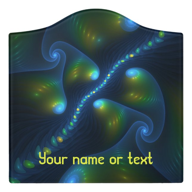 Fantasy Lights Abstract Blue Green Fractal Custom Door Sign (Large Crest Front)