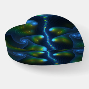 Fantasy Lights Abstract Blue Green Fractal Heart Paperweight