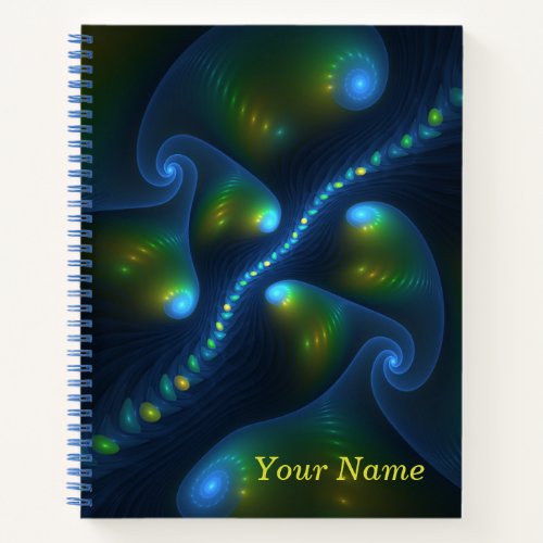 Fantasy Lights Abstract Blue Green Yellow Art Name Notebook