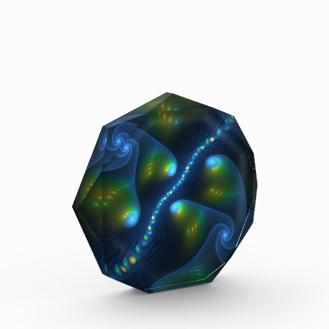 Fantasy Lights Abstract Blue Green Yellow Fractal Acrylic Award (Left)