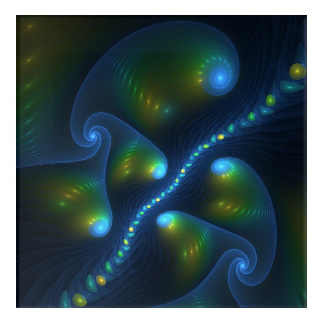 Fantasy Lights Abstract Blue Green Yellow Fractal Acrylic Print (Front)