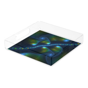 Fantasy Lights Abstract Blue Green Yellow Fractal Acrylic Tray