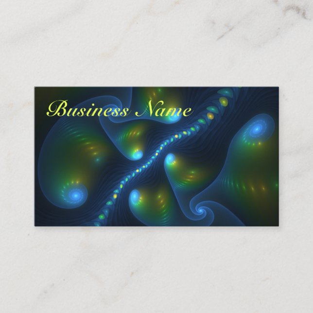 Fantasy Lights Abstract Blue Green Yellow Fractal Business Card (Front)