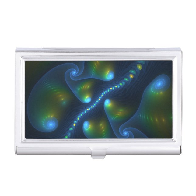 Fantasy Lights Abstract Blue Green Yellow Fractal Business Card Case (Front)
