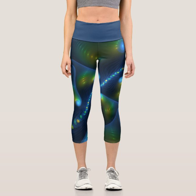 Fantasy Lights Abstract Blue Green Yellow Fractal Capri Leggings (Front)