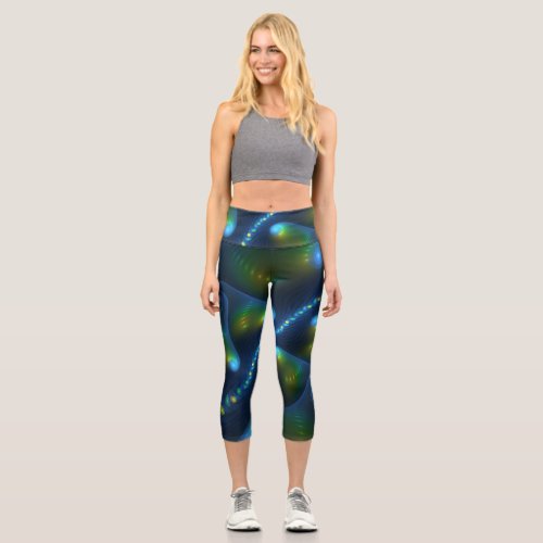 Fantasy Lights Abstract Blue Green Yellow Fractal Capri Leggings