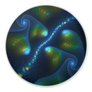 Fantasy Lights Abstract Blue Green Yellow Fractal Ceramic Knob