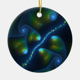 Fantasy Lights Abstract Blue Green Yellow Fractal Ceramic Ornament