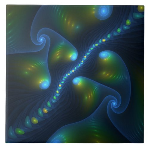 Fantasy Lights Abstract Blue Green Yellow Fractal Ceramic Tile