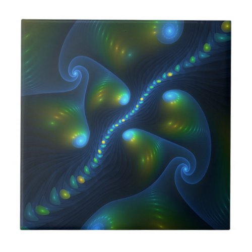 Fantasy Lights Abstract Blue Green Yellow Fractal Ceramic Tile