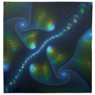 Fantasy Lights Abstract Blue Green Yellow Fractal Cloth Napkin