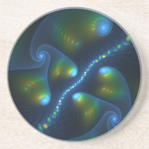 Fantasy Lights Abstract Blue Green Yellow Fractal Coaster