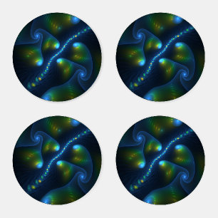 Fantasy Lights Abstract Blue Green Yellow Fractal Coaster Set