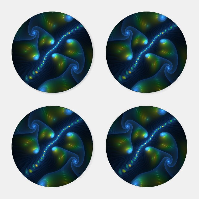Fantasy Lights Abstract Blue Green Yellow Fractal Coaster Set (Set)