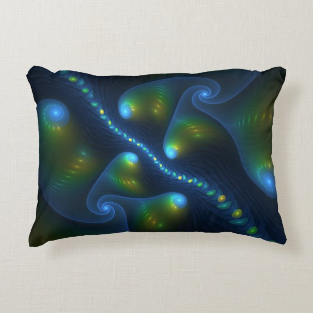 Fantasy Lights Abstract Blue Green Yellow Fractal Decorative Pillow (Front)