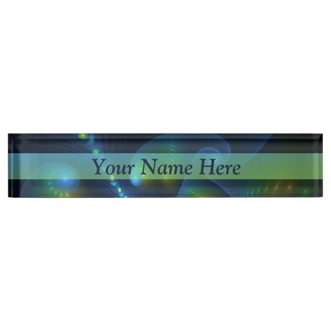 Fantasy Lights Abstract Blue Green Yellow Fractal Desk Name Plate (Front)