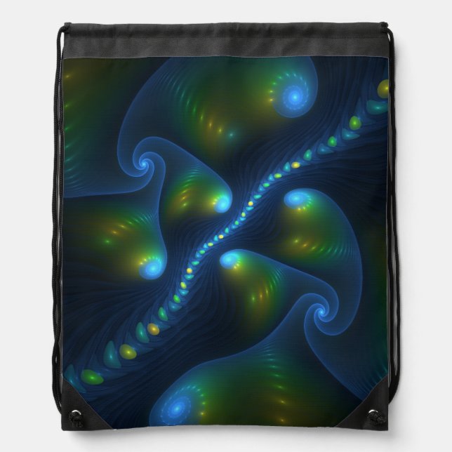 Fantasy Lights Abstract Blue Green Yellow Fractal Drawstring Bag (Front)