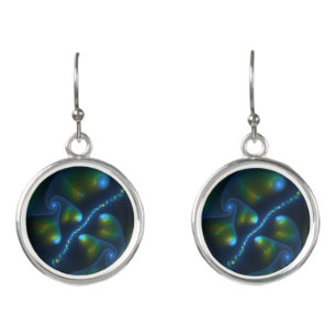Fantasy Lights Abstract Blue Green Yellow Fractal Earrings