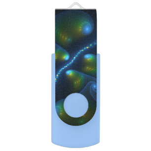 Fantasy Lights Abstract Blue Green Yellow Fractal Flash Drive