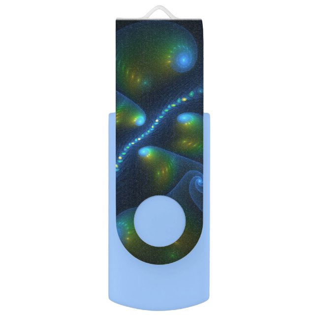 Fantasy Lights Abstract Blue Green Yellow Fractal Flash Drive (Front Vertical)
