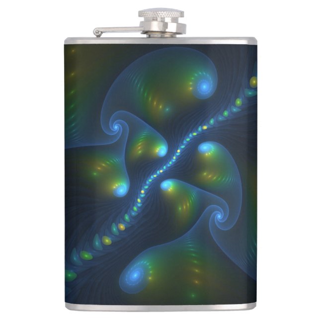 Fantasy Lights Abstract Blue Green Yellow Fractal Flask (Front)