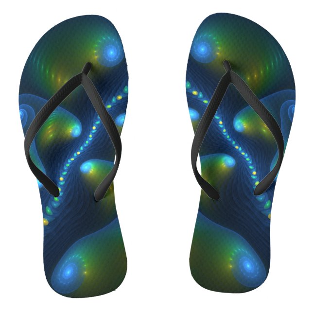 Fantasy Lights Abstract Blue Green Yellow Fractal Flip Flops (Footbed)