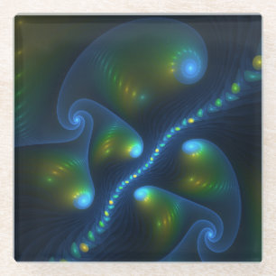 Fantasy Lights Abstract Blue Green Yellow Fractal Glass Coaster