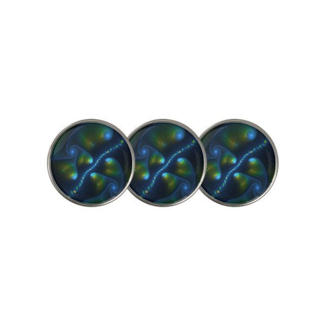 Fantasy Lights Abstract Blue Green Yellow Fractal Golf Ball Marker (3 Up)