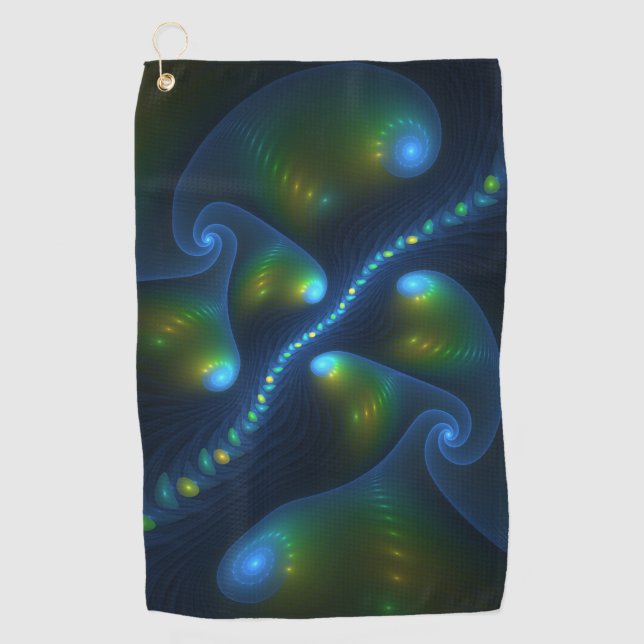 Fantasy Lights Abstract Blue Green Yellow Fractal Golf Towel (Front)
