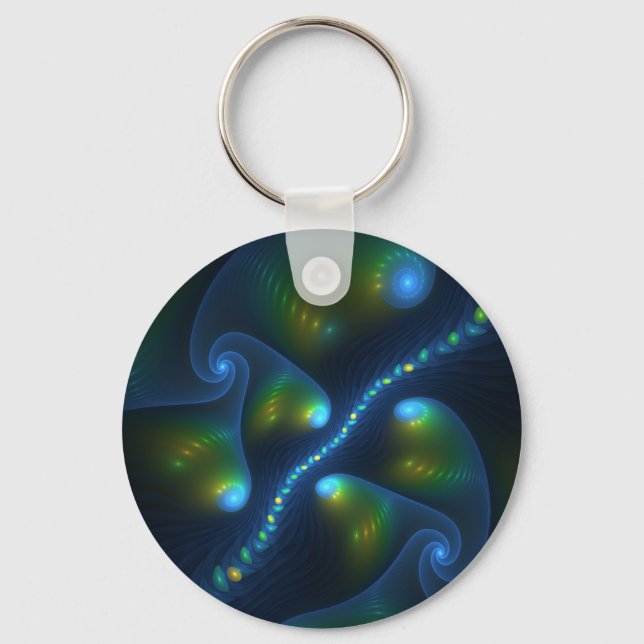 Fantasy Lights Abstract Blue Green Yellow Fractal Keychain (Front)