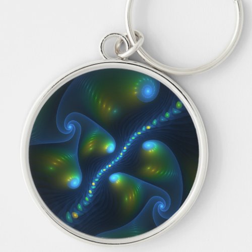 Fantasy Lights Abstract Blue Green Yellow Fractal Keychain